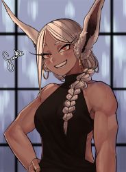 Rule 34 | 1girl, absurdres, alternate hairstyle, animal ears, artist name, bare arms, blush, boku no hero academia, braid, commentary, dark-skinned female, dark skin, earrings, english commentary, eyelashes, gud0c, hand on own hip, highres, hoop earrings, jewelry, long hair, looking at viewer, mirko, muscular, muscular female, open mouth, rabbit ears, rabbit girl, smile, solo
