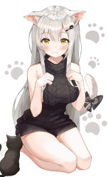 Rule 34 | 1girl, animal, animal ears, aran sweater, bare arms, bare legs, bare shoulders, black bow, black cat, black sweater, blush, bow, breasts, cable knit, cat, cat ears, cat girl, cat tail, closed mouth, dress, full body, grey hair, hair ornament, hairclip, hands up, highres, large breasts, long hair, looking at viewer, lotpi, medium breasts, meme attire, original, paw hair ornament, paw pose, paw print, paw print background, seiza, sitting, sleeveless, sleeveless sweater, sleeveless turtleneck, smile, solo, sweater, sweater dress, tail, tail bow, tail ornament, thighs, turtleneck, very long hair, virgin killer sweater, white background, yellow eyes