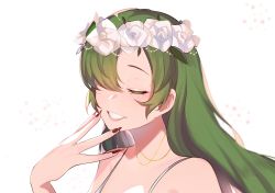 Rule 34 | 1girl, bare shoulders, blurry, closed eyes, depth of field, flower, green hair, grin, hair over one eye, head wreath, highres, jewelry, kazami yuuka, lips, long hair, majime joe, nail polish, necklace, red nails, rose, simple background, smile, solo, touhou, upper body, white background, white flower, white rose