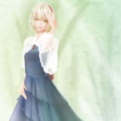Rule 34 | 1girl, alice margatroid, blonde hair, capelet, dress, female focus, hairband, looking at viewer, realistic, short hair, solo, touhou, upper body, walkalone, yellow eyes