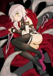 Rule 34 | 1girl, ahase hino, ass, bandaged arm, bandages, bare shoulders, black gloves, black panties, black thighhighs, blush, breasts, character cutout, cleavage cutout, clothing cutout, collar, commentary request, fate/apocrypha, fate (series), fingerless gloves, gloves, green eyes, highres, jack the ripper (fate/apocrypha), looking at viewer, lying, on side, panties, pink footwear, scar, scar across eye, scar on face, shoes, short hair, silver hair, single glove, small breasts, solo, tentacles, thighhighs, underwear, weapon