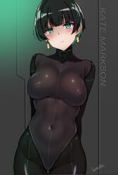 Rule 34 | 1girl, allmind (armored core 6), armored core, armored core 6, batta 16-sei, black hair, blush, bodysuit, breasts, commentary request, covered erect nipples, covered navel, cowboy shot, earrings, green eyes, green hair, highres, jewelry, large breasts, pilot suit, skin tight, skindentation, solo
