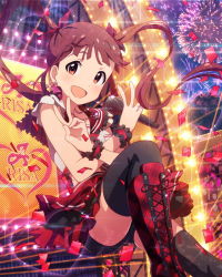 Rule 34 | 10s, 1girl, artist request, black thighhighs, brown eyes, brown hair, earrings, fireworks, idolmaster, idolmaster million live!, jewelry, matsuda arisa, microphone, musical note, namco, necklace, official art, thighhighs, twintails