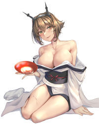 Rule 34 | 1girl, arm support, blush, breasts, cleavage, collarbone, commission, cup, drunk, full body, green eyes, headgear, highres, japanese clothes, kantai collection, kimono, kneeling, kokuzou, large breasts, looking at viewer, mutsu (kancolle), obi, open clothes, open kimono, sakazuki, sash, short hair, simple background, skeb commission, smile, solo, spill, tabi, white background, white kimono, wide sleeves