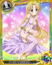 Rule 34 | 1girl, ahoge, arm support, asia argento, bare shoulders, bishop (chess), blonde hair, blunt bangs, blunt ends, blush, breasts, card (medium), chess piece, choker, cleavage, collarbone, detached sleeves, gold, gold trim, green eyes, hand on own hip, high school dxd, long hair, looking at viewer, lying, navel, no bra, no shoes, on side, see-through, see-through sleeves, simple background, small breasts, solo, stomach, tagme, thighhighs