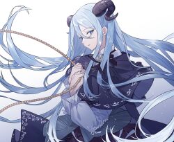 Rule 34 | 1girl, black bow, black capelet, blue eyes, blue hair, boku no ashiato kimi no yukusaki (project sekai), bow, capelet, commentary, demon girl, demon horns, frilled sleeves, frills, hair between eyes, highres, holding, holding rope, horns, light blue hair, light particles, long hair, long sleeves, looking at viewer, nes 402, official alternate costume, parted lips, pleated skirt, project sekai, rope, simple background, skirt, solo, very long hair, white background, yoisaki kanade