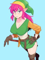 Rule 34 | 1girl, artist name, belt, blue background, blue eyes, breasts, cleavage, collarbone, commentary, english commentary, frown, gloves, green skirt, hand on hilt, hand on own hip, hat, highres, large breasts, link, link (shounen captain), long hair, looking at viewer, nintendo, pink hair, pointy ears, rob ishi, simple background, skirt, solo, the legend of zelda, thighs