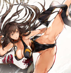 Rule 34 | 1girl, alternate costume, bare legs, black dress, breasts, brown eyes, brown hair, capcom, chinese clothes, chun-li, cleavage, curvy, dress, female focus, hanging breasts, highres, kicking, large breasts, leg up, legs up, long hair, nishiide kengorou, no bra, parted lips, simple background, solo, street fighter, street fighter v, thick thighs, thighs, very long hair, white background
