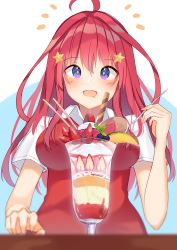 Rule 34 | + +, 1girl, blue background, blurry, blurry foreground, blush, breasts, collared shirt, depth of field, drooling, food, fruit, go-toubun no hanayome, hair between eyes, hair intakes, hair ornament, highres, holding, holding spoon, large breasts, long hair, looking at viewer, mizuki ryuu, mouth drool, nakano itsuki, notice lines, parfait, purple eyes, red hair, shirt, short sleeves, solo, spoon, star (symbol), star hair ornament, strawberry, sweater vest, two-tone background, very long hair, wafer stick, white background, white shirt