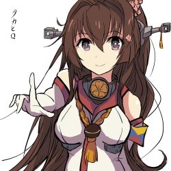 Rule 34 | 1girl, artist name, bare shoulders, brown hair, crest, detached sleeves, elbow gloves, foreshortening, gloves, headgear, index finger raised, kantai collection, long hair, looking at viewer, ponytail, rope, simple background, smile, solo, takahiro (rikky), upper body, very long hair, white background, white gloves, yamato (kancolle), z flag