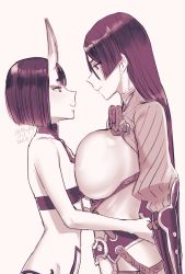 Rule 34 | 2girls, asymmetrical docking, bob cut, bodysuit, breast press, breasts, dated, eye contact, eyeliner, fate/grand order, fate (series), flat chest, greyscale, height difference, horns, huge breasts, impossible bodysuit, impossible clothes, long hair, looking at another, makeup, minamoto no raikou (fate), monochrome, multiple girls, parted bangs, sepia, shuten douji (fate), signature, skin-covered horns, smile, titiduki (manman-ya), vambraces, yuri