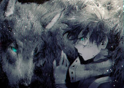Rule 34 | 1boy, animal, aqua eyes, blending, boku no hero academia, chromatic aberration, closed mouth, commentary, crying, english commentary, freckles, from side, gloves, glowing, glowing eye, greyscale, hand on animal, hand up, looking ahead, male focus, mebaru, midoriya izuku, monochrome, portrait, profile, short hair, snout, solo, spot color, tears, wolf