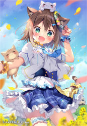 Rule 34 | &gt; &lt;, 1girl, :3, :d, animal, animal ear fluff, animal ears, animal on head, blue necktie, blue skirt, blue sky, blurry, blurry foreground, blush, brown hair, cat, cat ears, cat girl, cat tail, closed eyes, closed mouth, cloud, cloudy sky, commentary request, copyright notice, day, depth of field, fangs, fish hair ornament, flower, flower wreath, frilled jacket, frilled skirt, frills, fumino tamaki, green eyes, hair between eyes, hair ornament, jacket, looking at viewer, necktie, nijisanji, on head, open clothes, open jacket, open mouth, outdoors, pan (mimi), pink flower, pleated skirt, shirt, short sleeves, skirt, sky, smile, solo, striped tail, tail, train, virtual youtuber, white flower, white jacket, white shirt, yellow flower