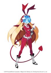 Rule 34 | 1girl, 2019, blonde hair, blue-tinted eyewear, bodysuit, boots, clenched hand, copyright notice, dated, demon girl, demon tail, demon wings, disgaea, disgaea rpg, fang, flat chest, flonne, flonne (fallen angel), full body, hand on own hip, highres, long hair, official art, open mouth, red bodysuit, simple background, solo, standing, tail, tinted eyewear, very long hair, visor, white background, wings
