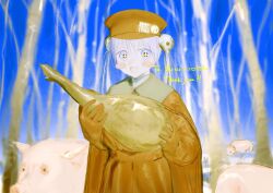 Rule 34 | + +, 1girl, anpansensou (namahamaafuro), bare tree, blue eyes, blue hair, blue sky, blurry, blurry background, blush stickers, brown cape, brown coat, brown gloves, cape, coat, commentary request, commission, cowboy shot, day, fcx4l, gloves, hair ornament, hat, highres, holding, long sleeves, looking at viewer, open mouth, original, outdoors, peaked cap, pig, skeb commission, skull hair ornament, sky, smile, snow, solo, tree, twintails, wide-eyed