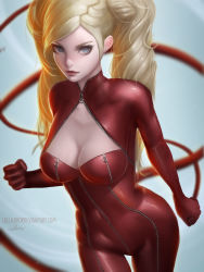 Rule 34 | 10s, 1girl, blonde hair, blue eyes, blurry, bodysuit, breasts, cleavage, depth of field, highres, large breasts, latex, lolliedrop, long hair, looking at viewer, parted lips, persona, persona 5, skin tight, solo, takamaki anne, twintails, whip