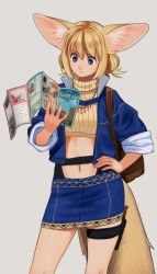 Rule 34 | 1girl, animal ears, blonde hair, blue eyes, blue skirt, closed mouth, contrapposto, grey background, hand on own hip, highres, holding, holster, jacket, map, mira (nashigaya koyomi), nashigaya koyomi, navel, open clothes, open jacket, original, pencil skirt, short hair, short twintails, simple background, skirt, sleeves rolled up, solo, standing, tareme, thigh holster, thigh strap, twintails
