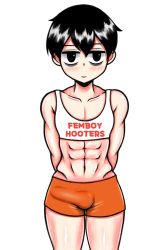 Rule 34 | 1boy, abs, arms behind back, bags under eyes, bare shoulders, black eyes, black hair, blush, bulge, collarbone, crop top, erection, erection under clothes, femboy hooters (meme), highres, lee hoon, male focus, meme, muscular, muscular male, penis, shirt, short hair, shorts, smile, solo, suicide boy, thighs, white shirt