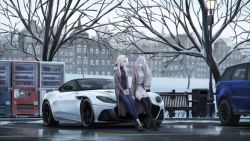 Rule 34 | 2girls, ak-12 (girls&#039; frontline), an-94 (girls&#039; frontline), aston martin dbs, bare tree, belt, bench, black footwear, blonde hair, boots, brown jacket, can, car, city, closed eyes, coat, commentary, crossed ankles, denim, dress, drink can, english commentary, fur-trimmed coat, fur trim, fuyu no kaze, girls&#039; frontline, hairband, high heels, highres, holding, holding can, jacket, jeans, jewelry, lamppost, looking at another, m4a1 (girls&#039; frontline), motor vehicle, multiple girls, necklace, on vehicle, outdoors, pants, parking lot, photo-referenced, poster (object), pumps, red lips, reflection, road, scenery, shoes, sitting, sitting on object, skirt, snow, soda can, sports utility vehicle, street, sweater, sweater dress, talking, thigh boots, thighhighs, trash can, tree, turtleneck, turtleneck sweater, vector trace, vehicle focus, vending machine, wide shot, winter