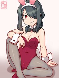 Rule 34 | 1girl, animal ears, black hair, bow, bowtie, breasts, covered navel, detached collar, fake animal ears, grey pantyhose, hair over one eye, hair over shoulder, kanon (kurogane knights), kantai collection, kumano maru (kancolle), leotard, long hair, looking at viewer, medium breasts, one-hour drawing challenge, pantyhose, playboy bunny, rabbit ears, red eyes, red leotard, sitting, solo, strapless, strapless leotard, traditional bowtie, wrist cuffs
