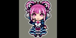 Rule 34 | cross-laced clothes, cross-laced dress, dress, facial mark, fire emblem, fire emblem engage, folded twintails, hair rings, heart, heart facial mark, hekiga, hortensia (fire emblem), multicolored hair, nintendo, pink hair, pixel art, striped clothes, striped dress, two-tone pantyhose, vertical-striped clothes, vertical-striped dress