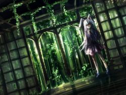 Rule 34 | 1girl, animal ears, bad id, bad pixiv id, rabbit ears, dappled sunlight, dutch angle, forest, full body, highres, indoors, ivy, long hair, looking at viewer, miniskirt, nature, necktie, pink skirt, red eyes, reflection, reisen udongein inaba, shoes, silver hair, skirt, smile, solo, sunlight, thkani, touhou, very long hair, wallpaper
