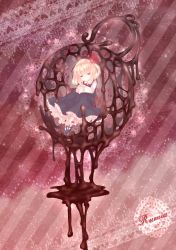 Rule 34 | 1girl, absurdres, bad id, bad pixiv id, blonde hair, bow, darkness, embodiment of scarlet devil, english text, female focus, full body, hair bow, hair ribbon, highres, neme, red eyes, ribbon, rumia, solo, touhou