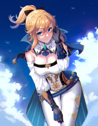 Rule 34 | 1girl, bare shoulders, bent over, blue sky, bow, breasts, cape, cleavage, cloud, cloudy sky, detached collar, detached sleeves, genshin impact, gloves, hair bow, half-closed eyes, hand in own hair, highres, jean (genshin impact), lessone, long sleeves, looking at viewer, medium breasts, pants, ponytail, sky, solo, white pants