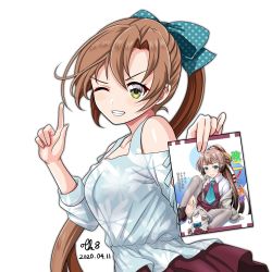 Rule 34 | 1girl, akigumo (kancolle), asashimo (kancolle), asashimo (kancolle) (cosplay), blouse, bokukawauso, brown hair, casual, cosplay, dated, green eyes, grin, hair ribbon, highres, index finger raised, kantai collection, kazagumo (kancolle), long hair, looking at viewer, manga (object), one-hour drawing challenge, ponytail, purple skirt, ribbon, shirt, signature, simple background, skirt, smile, solo, tk8d32, white background, white shirt