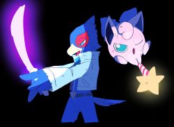Rule 34 | 1boy, arms up, bad id, bad pixiv id, bandana, beak, belt, bird boy, bird tail, black background, blue bow, blue eyes, blue fur, blue jumpsuit, body fur, bow, cowboy shot, creatures (company), cropped jacket, cropped legs, crossover, cuts, dirty, dirty clothes, energy sword, falco lombardi, from side, furry, furry male, game freak, gen 1 pokemon, glowing, glowing sword, glowing weapon, green eyes, half-closed eyes, holding, holding sword, holding wand, holding weapon, injury, jacket, jaggy lines, jigglypuff, jumpsuit, kirby (series), long sleeves, looking at viewer, nintendo, one eye closed, open clothes, open jacket, open mouth, outstretched arms, own hands together, pocket, pokemon, pokemon (creature), red fur, simple background, sketch, standing, star fox, star rod, super smash bros., sword, tail, two-handed, two-tone fur, udon (udon xxx), wand, weapon, white jacket, wince