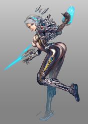 Rule 34 | 1girl, absurdres, armor, armored dress, artist name, ass, bent over, blue eyes, bodysuit, breasts, covered erect nipples, energy sword, eyelashes, eyeliner, female focus, from behind, full body, gloves, gradient background, grey background, hand up, headset, highres, knee pads, long sleeves, looking at viewer, makeup, medium breasts, mole, mole under eye, original, parted lips, pink lips, science fiction, shoes, short hair, silver hair, simple background, skin tight, smile, solo, sonacia, standing, standing on one leg, sword, thrusters, trefoil, weapon