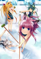 Rule 34 | &gt; &lt;, 4girls, ;), ^^^, animal ears, barefoot, bent over, blonde hair, blue eyes, blue one-piece swimsuit, braid, broom, cat ears, cleaning, cleaning brush, closed eyes, clumsy, empty pool, green hair, head bump, hose, light rays, long hair, looking at viewer, multiple girls, nauribon, one-piece swimsuit, one eye closed, original, pool, puddle, red hair, school swimsuit, sidelocks, sideways mouth, silver hair, smile, sunbeam, sunlight, swimsuit, tripping, twin braids, wet