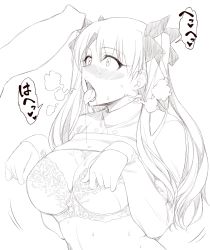Rule 34 | 1girl, bestiality, bra, breasts, dog, fate (series), large breasts, lingerie, long hair, namidame, naughty face, penis, penis awe, tohsaka rin, twintails, underwear