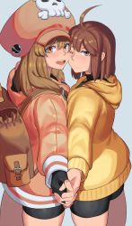 Rule 34 | 2girls, ahoge, backpack, bag, bike shorts, black gloves, breast press, brown eyes, brown hair, cheek-to-cheek, commentary, crossover, english commentary, expressionless, fingerless gloves, flat chest, gloves, guilty gear, guilty gear strive, holding hands, hat, heads together, highres, hood, hood down, hoodie, huge ahoge, interlocked fingers, linne, looking at viewer, may (guilty gear), medium hair, multiple girls, one eye closed, orange headwear, orange hoodie, short hair, skull and crossbones, suwaiya, symmetrical docking, trait connection, under night in-birth