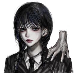 Rule 34 | 1girl, 1other, addams family, black eyes, black hair, braid, commentary, disembodied hand, evl 1230, expressionless, hand on another&#039;s shoulder, highres, korean commentary, looking at viewer, portrait, red lips, sideways glance, stitched hand, stitches, thing (addams family), twin braids, twintails, wednesday (netflix), wednesday addams, white background