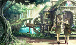 Rule 34 | 2girls, bag, barrel, brown eyes, brown hair, bug, butterfly, child, fantasy, flower, harupy, highres, bug, multiple girls, nature, original, plant, pointing, pointy ears, potted plant, resized, revision, scenery, short hair, sign, tree, tunic, water, water wheel, waterfall