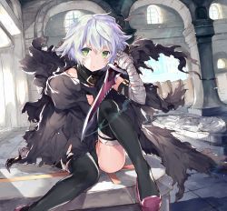 Rule 34 | 1girl, abusoru, bandaged arm, bandages, belt, black panties, black thighhighs, boots, cape, dagger, dual wielding, fate/apocrypha, fate (series), green eyes, highres, holding, holding weapon, jack the ripper (fate/apocrypha), knife, looking at viewer, panties, scar, short hair, silver hair, sitting, solo, thigh boots, thighhighs, torn clothes, underwear, weapon, window