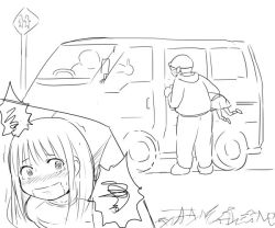 Rule 34 | 1girl, 2boys, blush, child, comic, eyebrows, holding, kidnapping, long hair, monochrome, motor vehicle, multiple boys, original, outdoors, sign, simple background, skirt, tape, tears, toyota, toyota hiace, van, vehicle, white background, yurarin