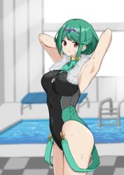 Rule 34 | 1girl, alternate color, aotsuba, armpits, arms behind head, bikini, blush, breasts, green hair, grin, highres, large breasts, looking at viewer, nintendo, pool, poolside, pyra (pro swimmer) (xenoblade), pyra (xenoblade), red eyes, smile, solo, standing, super smash bros., swimsuit, towel, towel around neck, water, wet, whistle, xenoblade chronicles (series), xenoblade chronicles 2