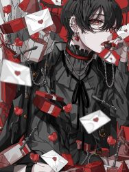 Rule 34 | 1boy, @ @, absurdres, black hair, black ribbon, black shirt, box, chain necklace, chocolate strawberry, choker, earrings, envelope, facing to the side, food, fruit, gift, gift box, heart, heart earrings, highres, holding, holding food, holding fruit, isumisumi, jewelry, knife, letter, long sleeves, looking at viewer, love letter, neck ribbon, necklace, open mouth, original, red background, red choker, red eyes, ribbon, ring, shirt, short hair, solo, strawberry
