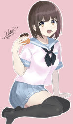 Rule 34 | 1girl, 7 calpis 7, :d, arm support, black neckwear, black thighhighs, blue sailor collar, blue skirt, blush, breasts, brown background, brown eyes, brown hair, commentary request, doughnut, food, food on face, highres, holding, holding food, looking at viewer, no shoes, open mouth, original, outline, pleated skirt, sailor collar, school uniform, serafuku, shirt, short sleeves, sitting, skirt, small breasts, smile, solo, teeth, thighhighs, upper teeth only, white outline, white shirt, yokozuwari