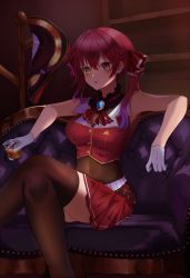 Rule 34 | 1girl, arm rest, ascot, bare shoulders, black thighhighs, breasts, cleavage, coat rack, couch, covered navel, cropped vest, crossed legs, cup, drinking glass, feet out of frame, gloves, hair ribbon, hat, unworn hat, unworn headwear, heterochromia, highres, holding, holding cup, hololive, hosisora03, houshou marine, long hair, looking ahead, medium breasts, no jacket, on couch, parted lips, pleated skirt, red eyes, red hair, red skirt, ribbon, see-through, see-through cleavage, shelf, sitting, skirt, solo, thighhighs, twintails, vest, virtual youtuber, white gloves, yellow eyes, zettai ryouiki