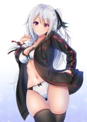 Rule 34 | amagiri tsukuyo, black jacket, black ribbon, black thighhighs, bra, braid, breasts, cameltoe, closed mouth, cowboy shot, cross, cross earrings, cross necklace, denpa (denpae29), earrings, gluteal fold, gradient background, groin, hair between eyes, hair ribbon, hand in pocket, hand up, jacket, jewelry, large breasts, light particles, long hair, navel, necklace, open clothes, open jacket, original, panties, ponytail, red eyes, red ribbon, ribbon, ribbon-trimmed bra, ribbon-trimmed panties, side braid, sidelocks, simple background, skindentation, smile, solo, stomach, thighhighs, thighs, underwear, unzipped, very long hair, white bra, white hair, white panties, zipper pull tab
