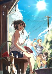 Rule 34 | 1boy, 2girls, :d, bad id, bad pixiv id, bench, bird, blonde hair, blue eyes, blue sky, bottle, breasts, brown hair, bucket, cat, closed eyes, cloud, cloudy sky, day, denim, dove, dress, food, fruit, green eyes, hair ornament, hairband, hairclip, hand fan, hat, holding, holding bottle, hose, ice, jeans, light rays, looking at viewer, looking back, medium breasts, multiple girls, open mouth, original, outdoors, pants, paper fan, plant, ponytail, ramune, shirt, shorts, sitting, sky, smile, soda, striped clothes, striped shirt, sun, sun hat, sunbeam, sundress, sunlight, tabby cat, tank top, teeth, tree, uchiwa, water, watermelon, white dress, wind chime, yoshikanakamura