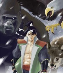 Rule 34 | 1boy, abs, bad id, bad pixiv id, bandana, bird, black hair, brown eyes, bttfghn, claws, closed mouth, collarbone, eagle, furrowed brow, gorilla, holding, holding sword, holding weapon, lips, male focus, momotarou, momotarou (character), nose, open clothes, open shirt, orange eyes, parted bangs, sash, serious, sheath, sheathed, shirt, snowing, sword, walking, weapon, yellow eyes