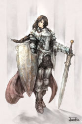 Rule 34 | 1girl, armor, armored boots, artist name, belt, boots, braid, breastplate, brown eyes, brown hair, commentary request, ds hand55, faulds, female knight, full body, gauntlets, hand on hilt, highres, holding, holding sword, holding weapon, knight, long hair, original, plate armor, shield, shoulder armor, signature, solo, sword, weapon