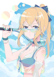 1girl absurdres bandaid bandaid_on_shoulder bikini black_bikini blonde_hair blue_nails breasts chen_clear chinese_commentary cleavage contemporary cross cross_earrings earrings genshin_impact glasses highres holding holding_racket jean_(genshin_impact) jewelry looking_at_viewer medium_breasts nail_polish over_shoulder ponytail racket single_earring solo swimsuit