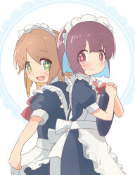 Rule 34 | + +, 2girls, :d, alternate costume, apron, bare arms, blue eyes, blunt bangs, blunt ends, blush, bow, bowtie, brown eyes, brown hair, colored inner hair, commentary, enmaided, eyes visible through hair, fang, frilled apron, frills, green eyes, highres, holding, holding tray, hozuki momiji, kyarahiba, looking at viewer, maid, maid apron, maid headdress, multicolored hair, multiple girls, oka asahi, onii-chan wa oshimai!, open mouth, orange hair, own hands together, puffy short sleeves, puffy sleeves, red bow, red bowtie, short hair, short sleeves, simple background, smile, sweatdrop, tray, two-tone hair, white apron, white background