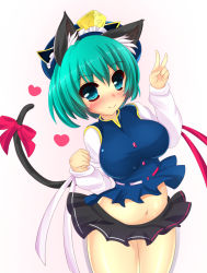 Rule 34 | 1girl, animal ears, blue eyes, blush, breasts, cat ears, cat tail, green hair, hat, heart, highres, looking at viewer, midriff, miniskirt, navel, shiki eiki, skirt, smile, solo, tail, tamano nae, touhou, v