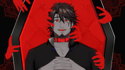 Rule 34 | 1boy, belmond banderas, black background, black hair, black shirt, choco (chocovix112), collar, disembodied hand, eye (vocaloid), hair between eyes, hair over shoulder, heart, heart-shaped pupils, highres, interlocked fingers, long hair, looking at viewer, low ponytail, male focus, nijisanji, open mouth, own hands together, ponytail, red collar, red eyes, shirt, solo, symbol-shaped pupils, thick eyebrows, upper body, virtual youtuber, vocaloid